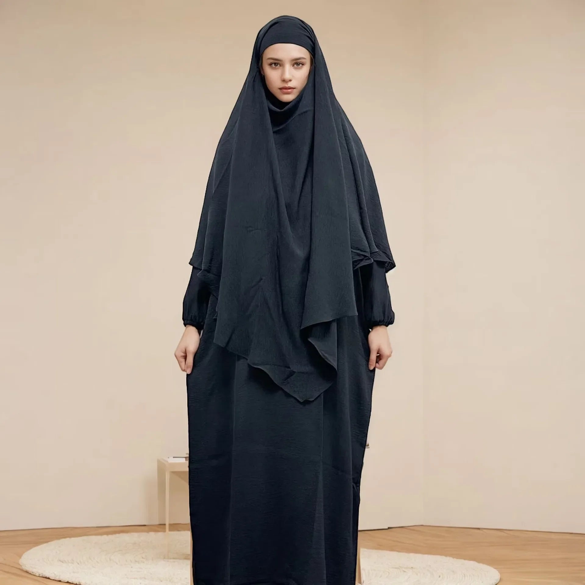 Ramadan Eid 2 Piece Set Crepe Muslim Women Prayer Garment Abaya Set Match Khimar Long Hijab Dress Islamic Clothing Niqab Kaftan