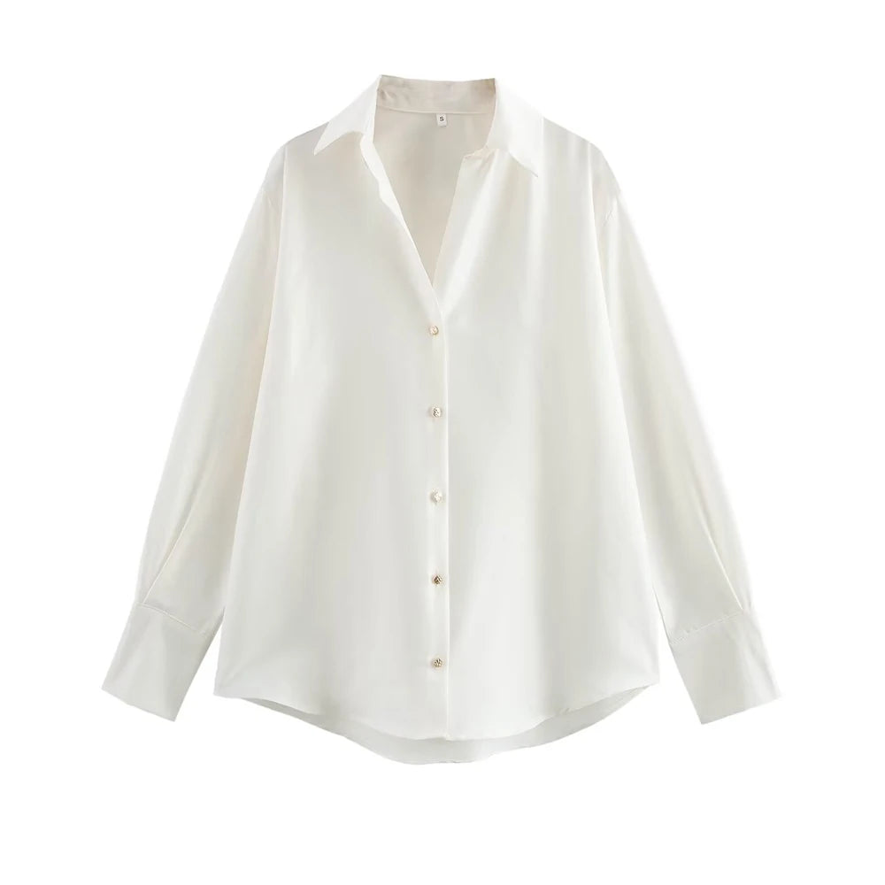 Women's Chic Lapel Collar Blouse Long Sleeve Button-Up Fashion Flowing Top Elegant Female Shirt Office