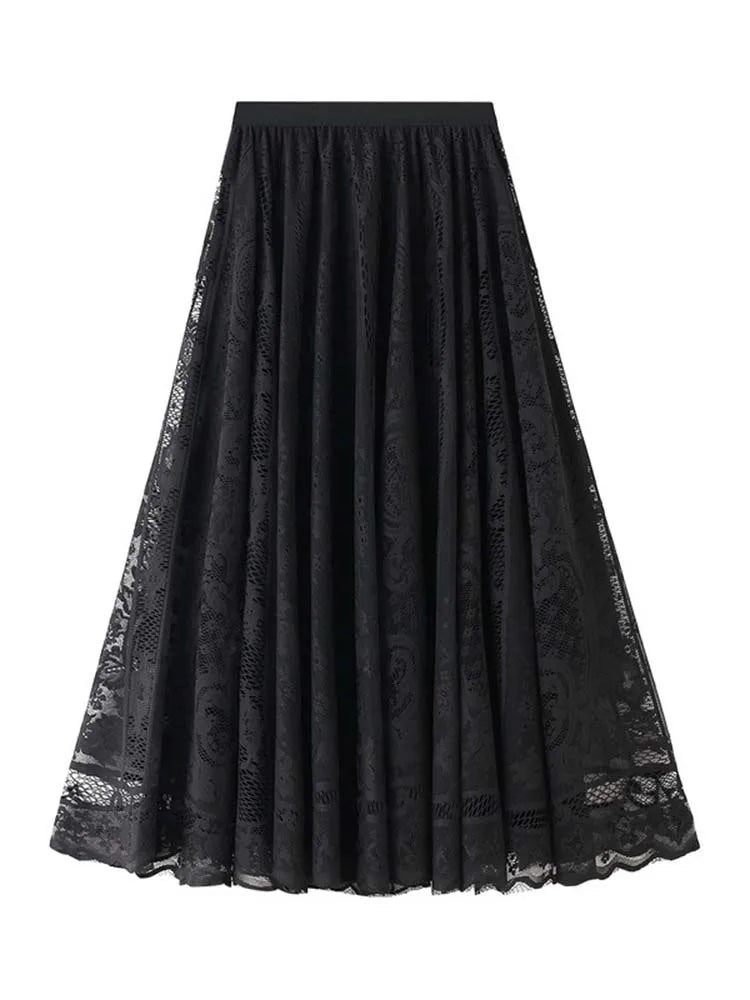 Spring Summer Women Lace Skirts Solid High Waist Elastic Vintage Elegant Office Ladies White Black Chic Long Skirts Jupe Longue