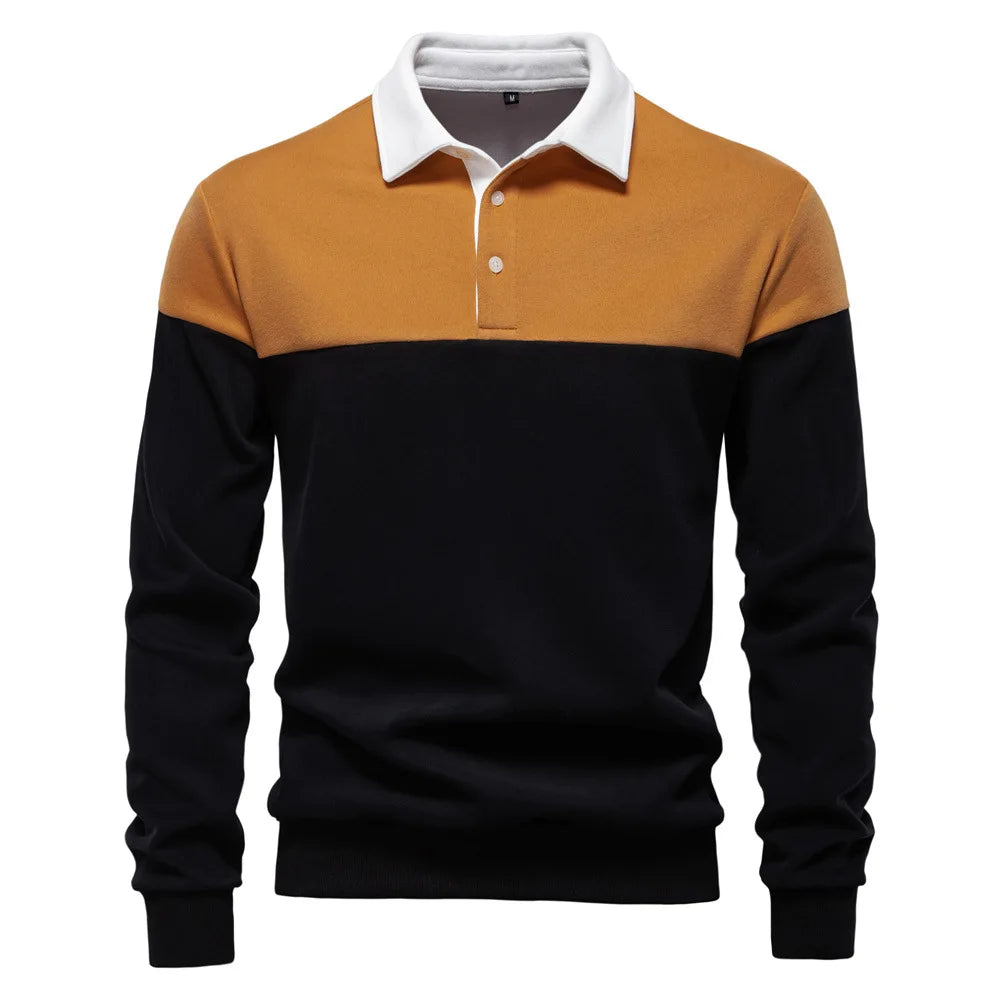 2025 New Arrival Long-Sleeve Polo-Collar Sweatshirt for Men, High-Quality Patchwork Casual Top