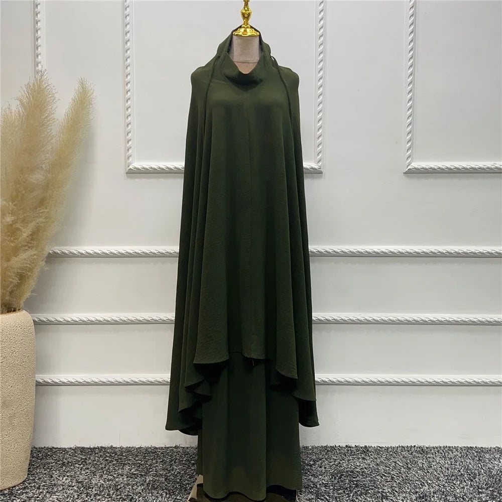 2PCS Muslim Women Modest Prayer Dress Eid Khimar Djellaba Abaya Overhead Burqa Robe Dubai Turkish Robe Kaftan Islamic Clothing
