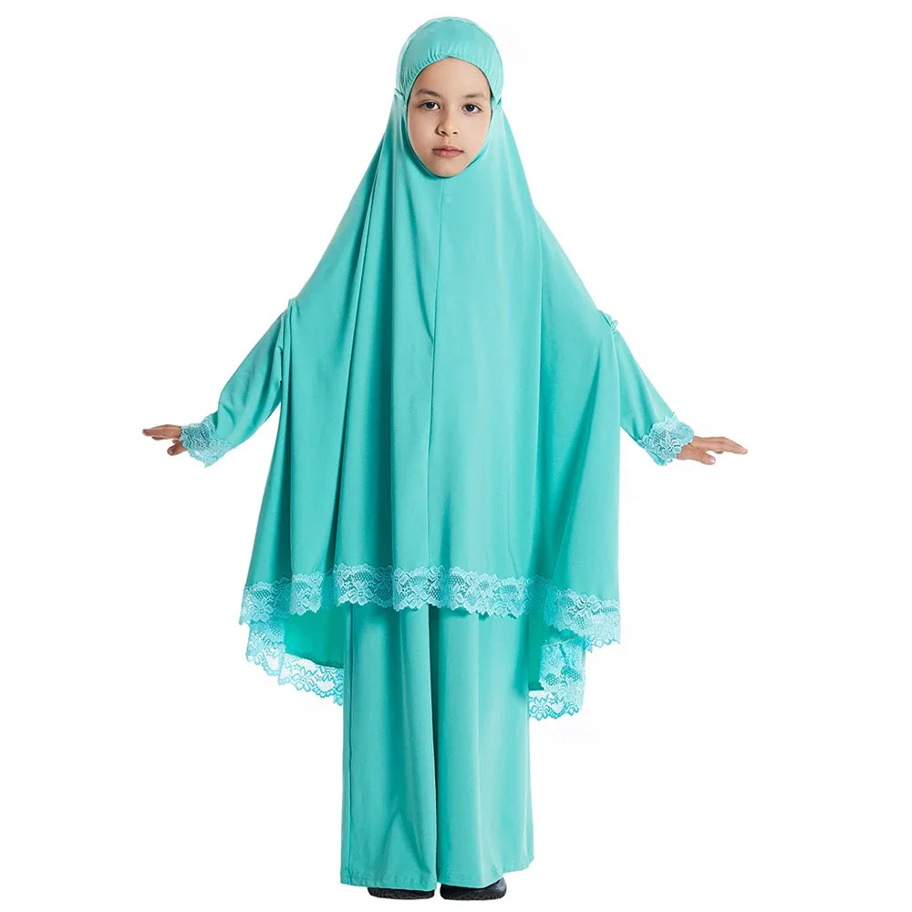 Muslim Kids Girls Hijab Dress Eid Djellaba Khimar Jalabiya Ramadan Skirt Set Prayer Garment Islam Burqa Abaya Robe Kaftan Hooded