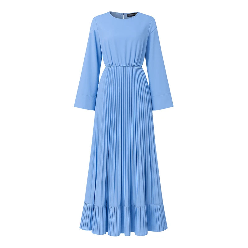 2025 ZANZEA Elegant Women Autumn Long Sleeve Solid Pleated Sundress Muslim Hijab Dresses Turkey Abaya Party Vestidos Robe Femme