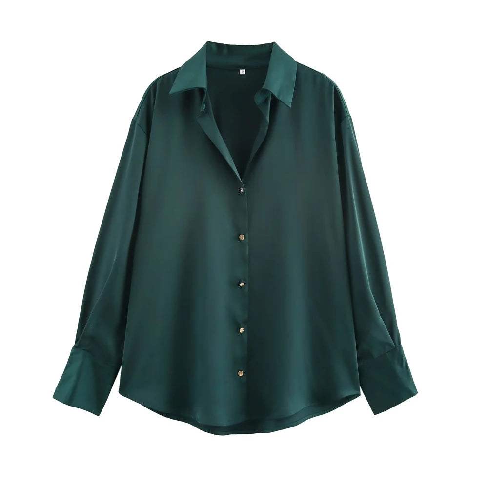 Women's Chic Lapel Collar Blouse Long Sleeve Button-Up Fashion Flowing Top Elegant Female Shirt Office
