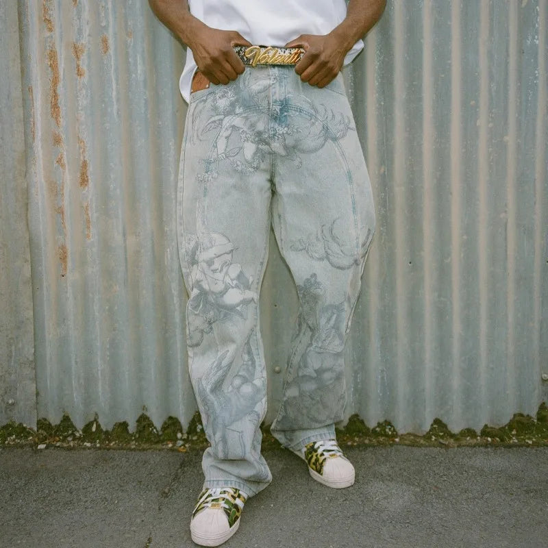 Y2k Retro Baggy Jeans Trendy Cupid Angel Pattern Men Women Pants American Hip Hop Streetwear Unisex Casual Straight Leg Jeans
