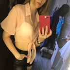 2025 Summer Half Sleeve Buttoned Up Shirt Loose Casual Blouse Chiffon Shirts Women Tied Waist Elegant Blouses for Women 9776