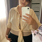 2025 Summer Half Sleeve Buttoned Up Shirt Loose Casual Blouse Chiffon Shirts Women Tied Waist Elegant Blouses for Women 9776