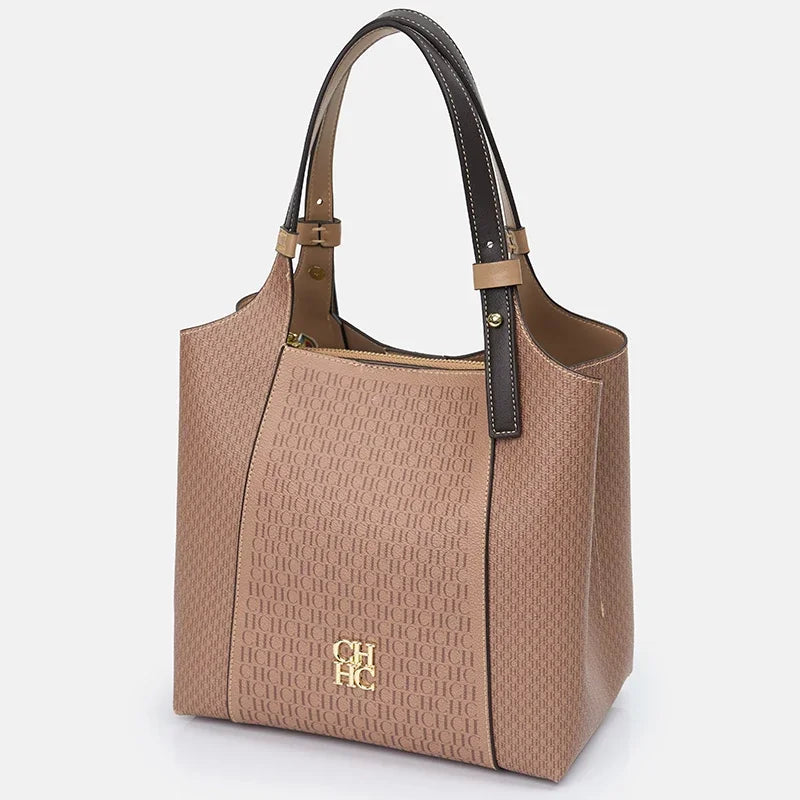 CH Light Luxury Maillard Tone Monogram Print Women's Tote Bag - Large-Capacity Multifunctional Stylish Handbag