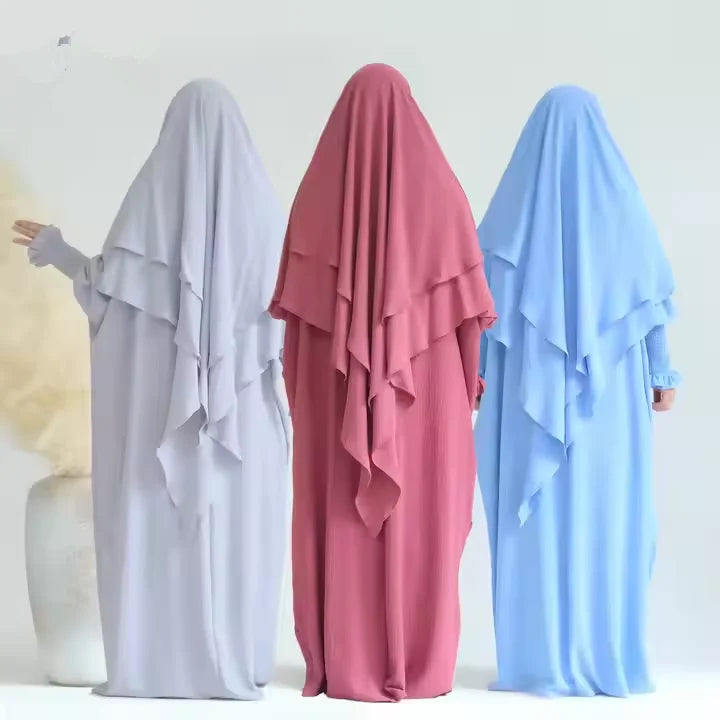 2PCS Muslim Women 2 Layer Hijab Dress Set Islamic Clothing Dubai Turkey Abaya Kaftan Eid Ramadan Djellaba Burqa Khimar Jalabiya