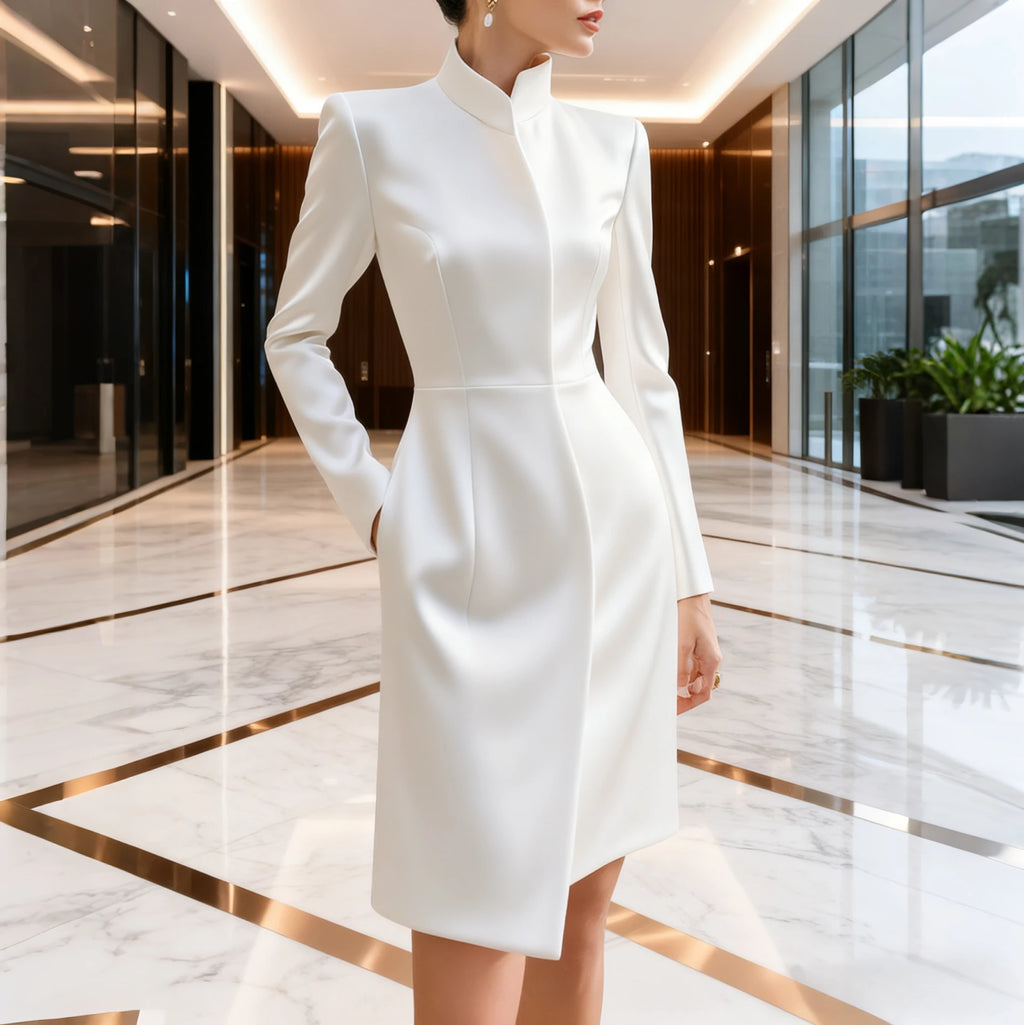 Krisstargirls Women's White Formal Evening Dress 2026 New High-Low Pockets Simple Banquet Midi Dresses for Urban Office Ladies