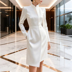 Krisstargirls Women's White Formal Evening Dress 2026 New High-Low Pockets Simple Banquet Midi Dresses for Urban Office Ladies