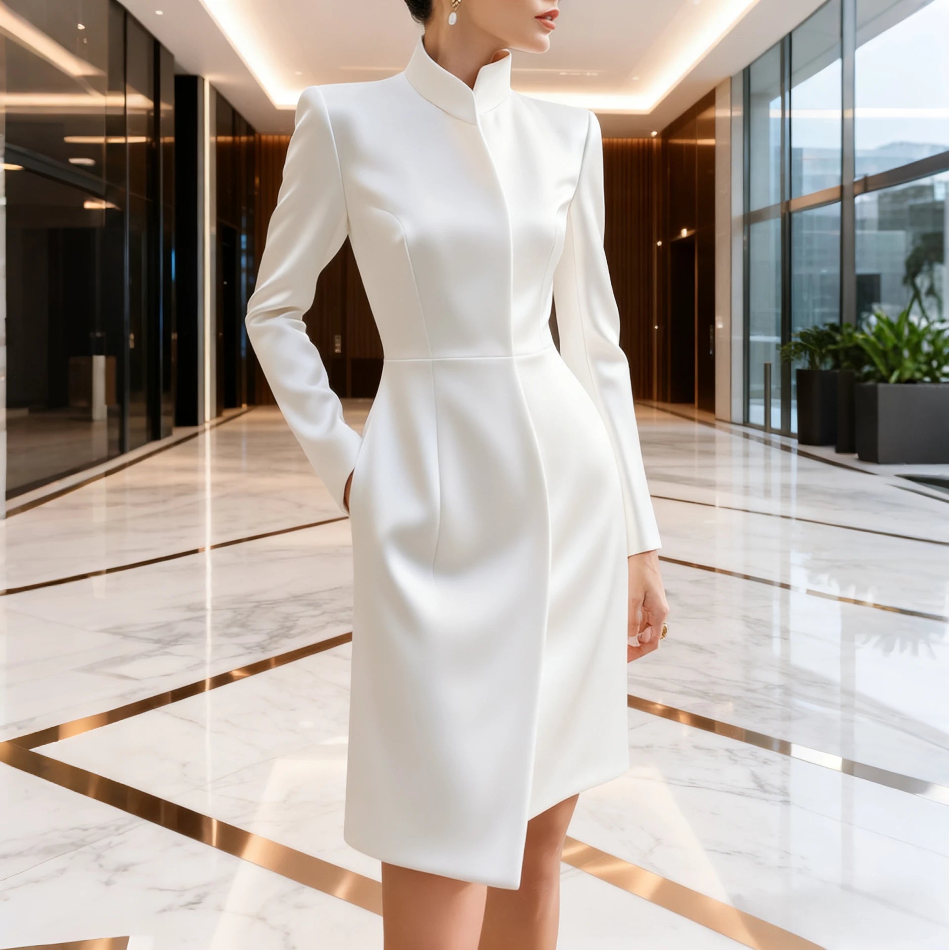 Krisstargirls Women's White Formal Evening Dress 2026 New High-Low Pockets Simple Banquet Midi Dresses for Urban Office Ladies