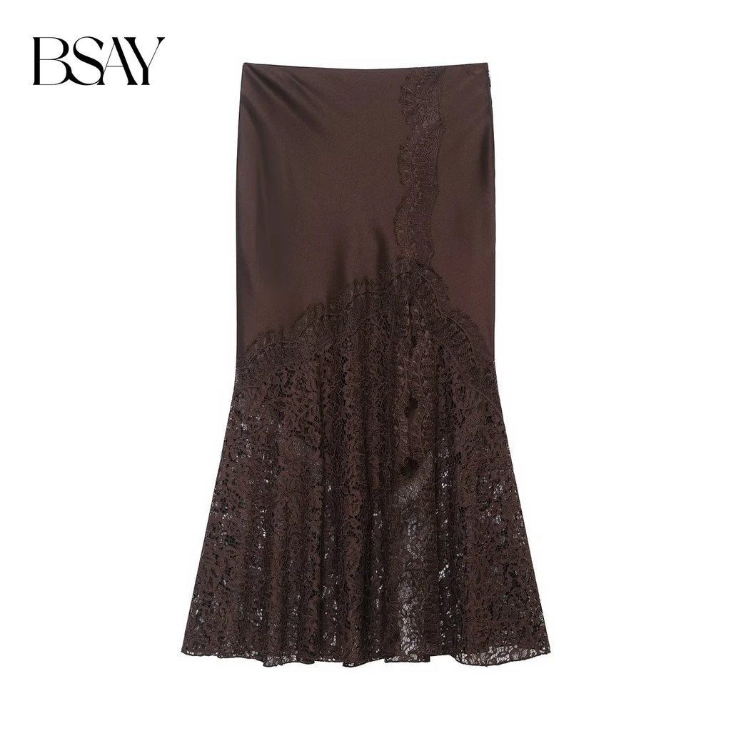 BSAY Lace Satin Elegant long Skirt Women Fashion Autumn Winter New brown Side Zip Chic Female High Waist Midi Skirts Mujer