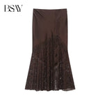 BSAY Lace Satin Elegant long Skirt Women Fashion Autumn Winter New brown Side Zip Chic Female High Waist Midi Skirts Mujer