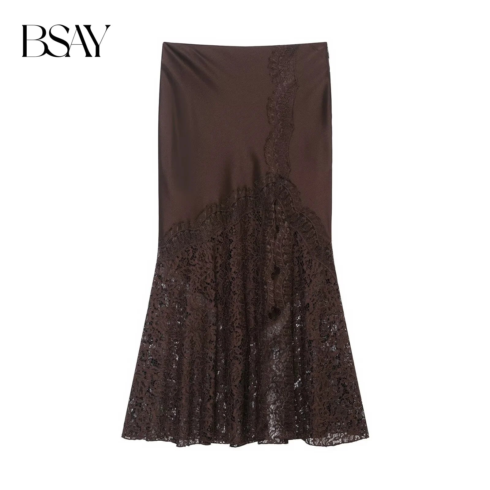 BSAY Lace Satin Elegant long Skirt Women Fashion Autumn Winter New brown Side Zip Chic Female High Waist Midi Skirts Mujer
