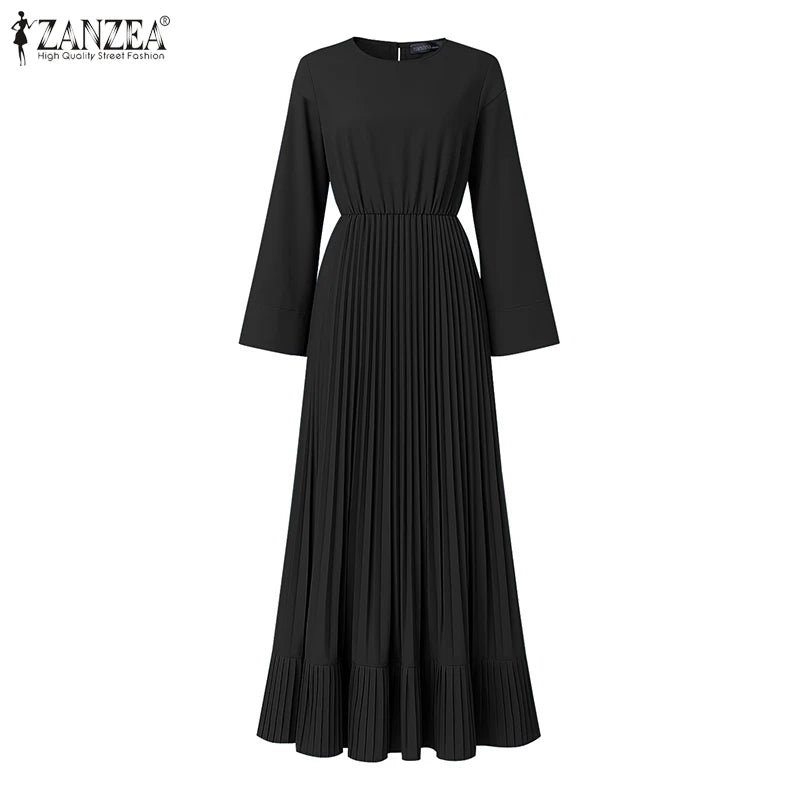 2025 ZANZEA Elegant Women Autumn Long Sleeve Solid Pleated Sundress Muslim Hijab Dresses Turkey Abaya Party Vestidos Robe Femme