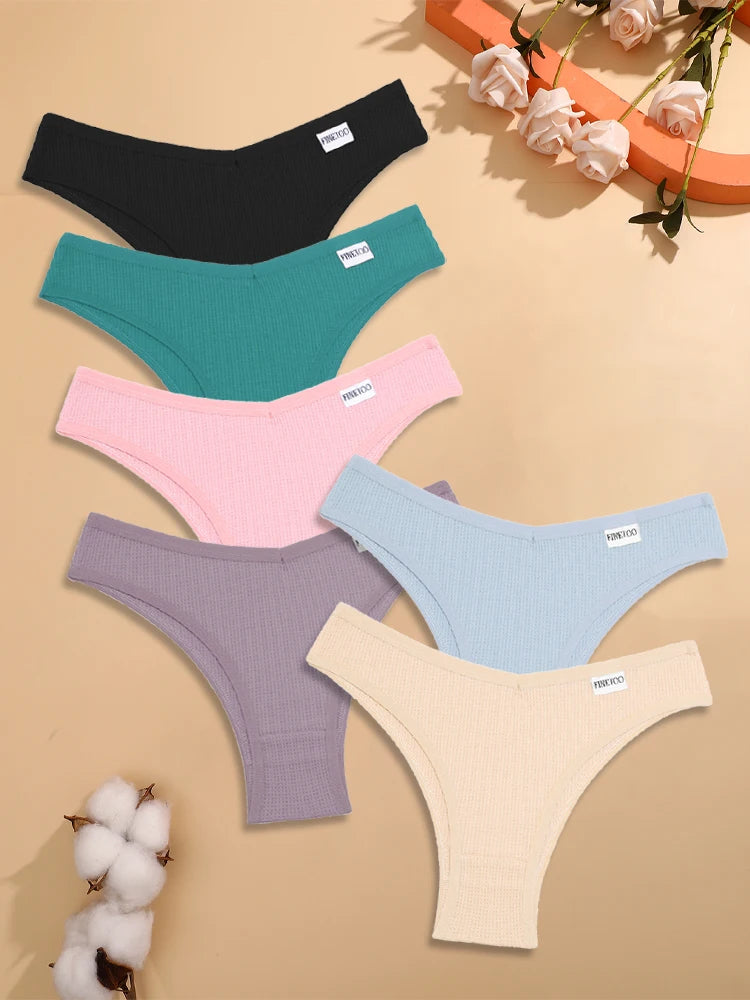 6PCS/Set Cotton Waffle Underwear for Women Sexy Low-Waist Brazilian Panties Female Breathable Solid Color Soft Lingerie Bikini