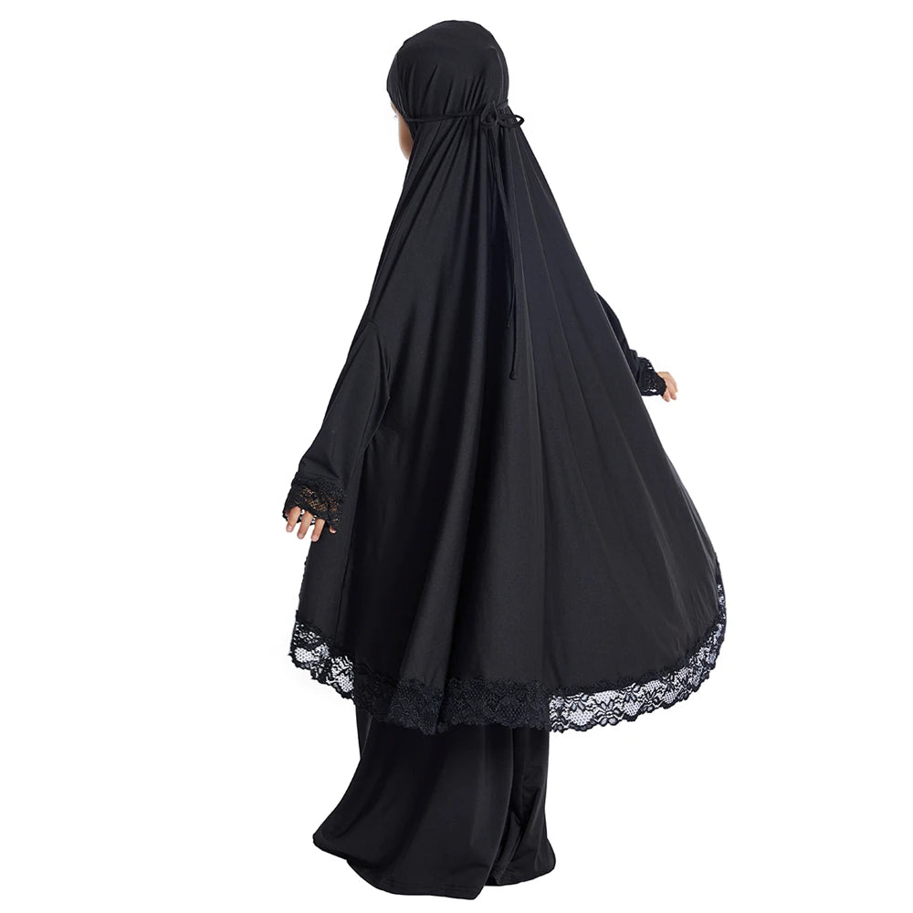 Muslim Kids Girls Hijab Dress Eid Djellaba Khimar Jalabiya Ramadan Skirt Set Prayer Garment Islam Burqa Abaya Robe Kaftan Hooded