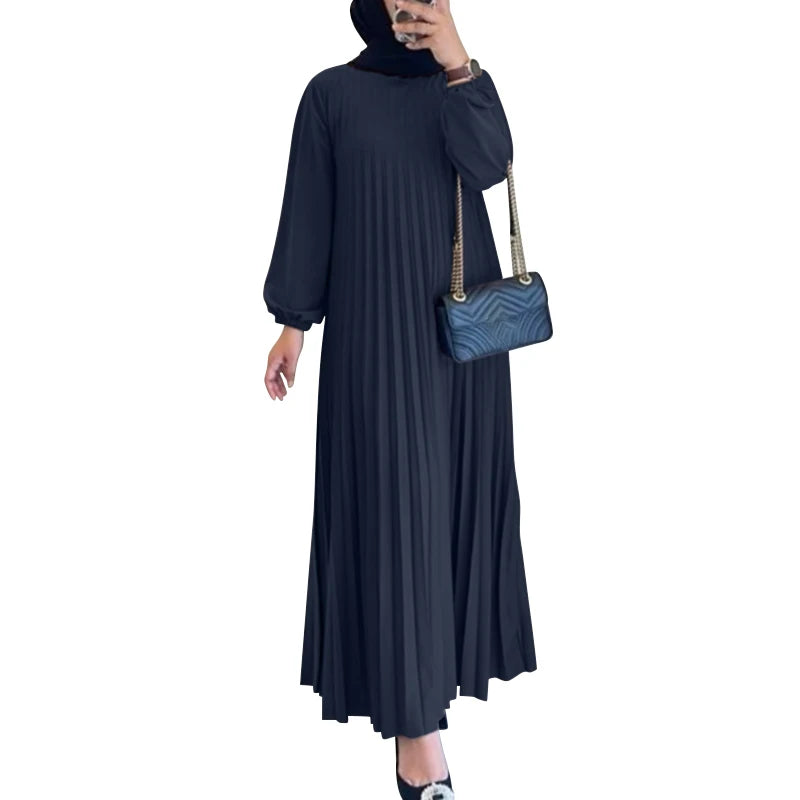 2025 ZANZEA Autumn Elegant Dresses Women O Neck Long Sleeve Sundress Muslim Dubai Abaya Robe Femme Solid Pleated Maxi Vestidos