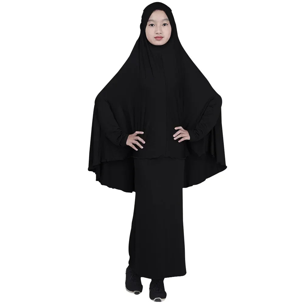 Muslim Prayer Garment for Kids, Child Dress, Overhead Caftan, Khimar Skirts, Islamic Full Cover Hijab, Abaya Arab Robe, 2 Piece