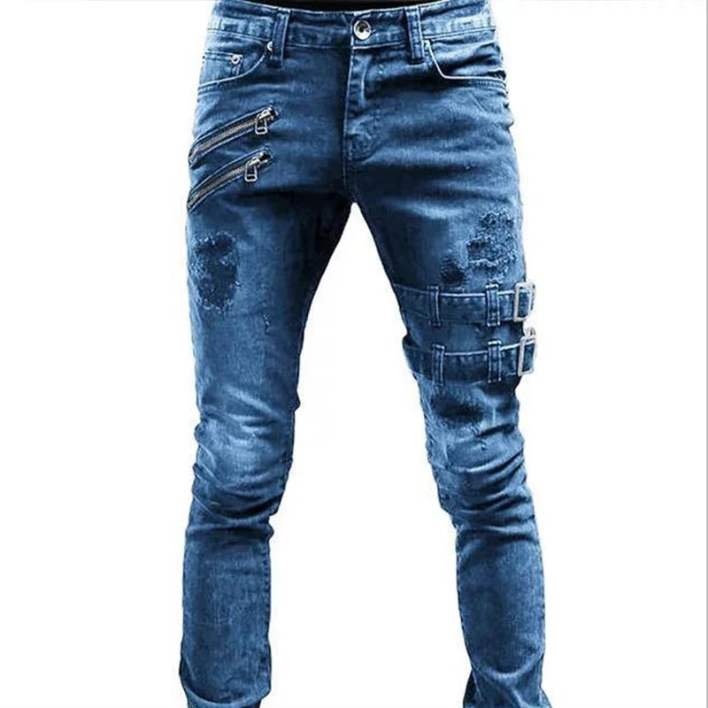 2025 New Men Slim Biker Ripped Long Denim Trousers Skinny Jeans Side Straps Zips Male Jogging Pants Destroyed Stretchy Pants