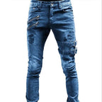 2025 New Men Slim Biker Ripped Long Denim Trousers Skinny Jeans Side Straps Zips Male Jogging Pants Destroyed Stretchy Pants