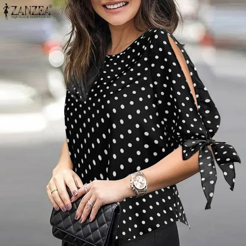 ZANZEA Woman Casual Polka Dots Printed Blouse Fashion Holiday Shirt Half Sleeve O-Neck Tunic Tops Elegant Party Chemise Oversize