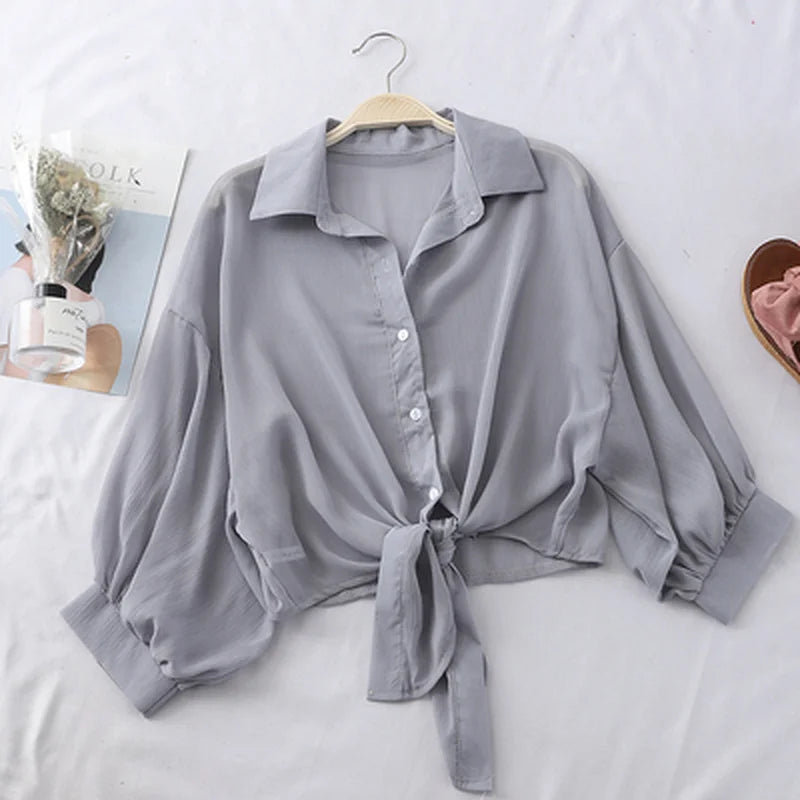 2025 Summer Half Sleeve Buttoned Up Shirt Loose Casual Blouse Chiffon Shirts Women Tied Waist Elegant Blouses for Women 9776