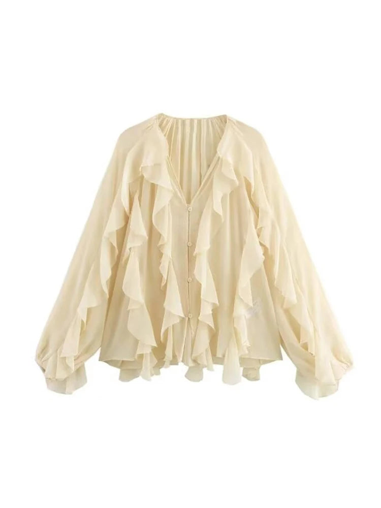 MUJER 2025 Ruffle Blouses for Women Semi Sheer Shirts and Blouses Woman Summer Casual Blouses Woman Fashion Tops Womens Blouses