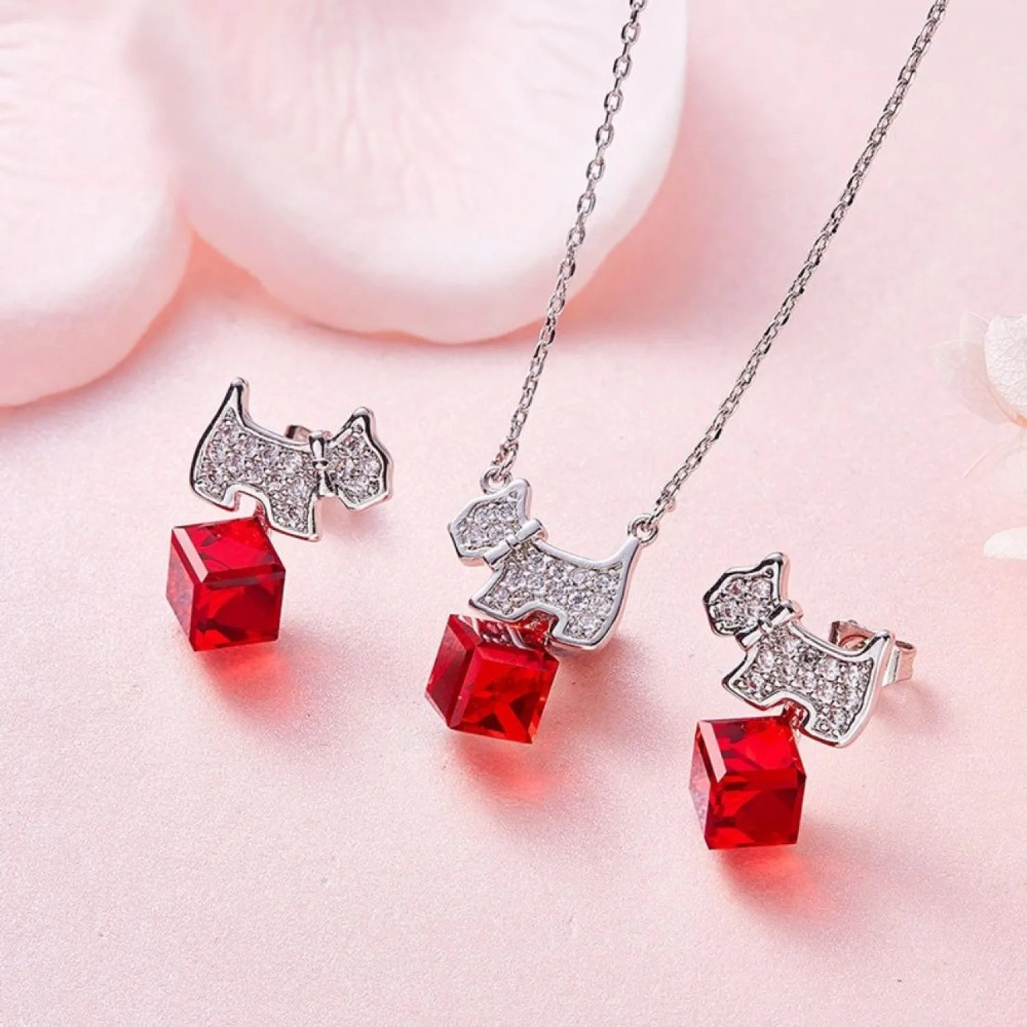 Cute Dog Woman Jewellery Set with Red Austrian Crystals Puppy Pendant Necklace Stud Earrings for Women Animal Accessories Gifts