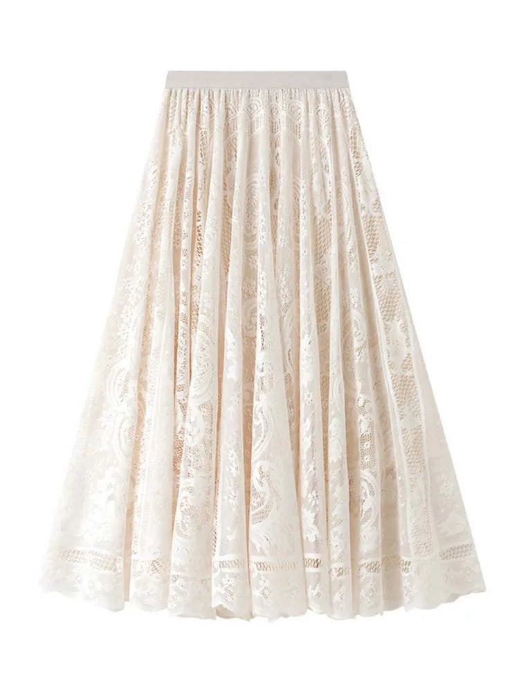 Spring Summer Women Lace Skirts Solid High Waist Elastic Vintage Elegant Office Ladies White Black Chic Long Skirts Jupe Longue