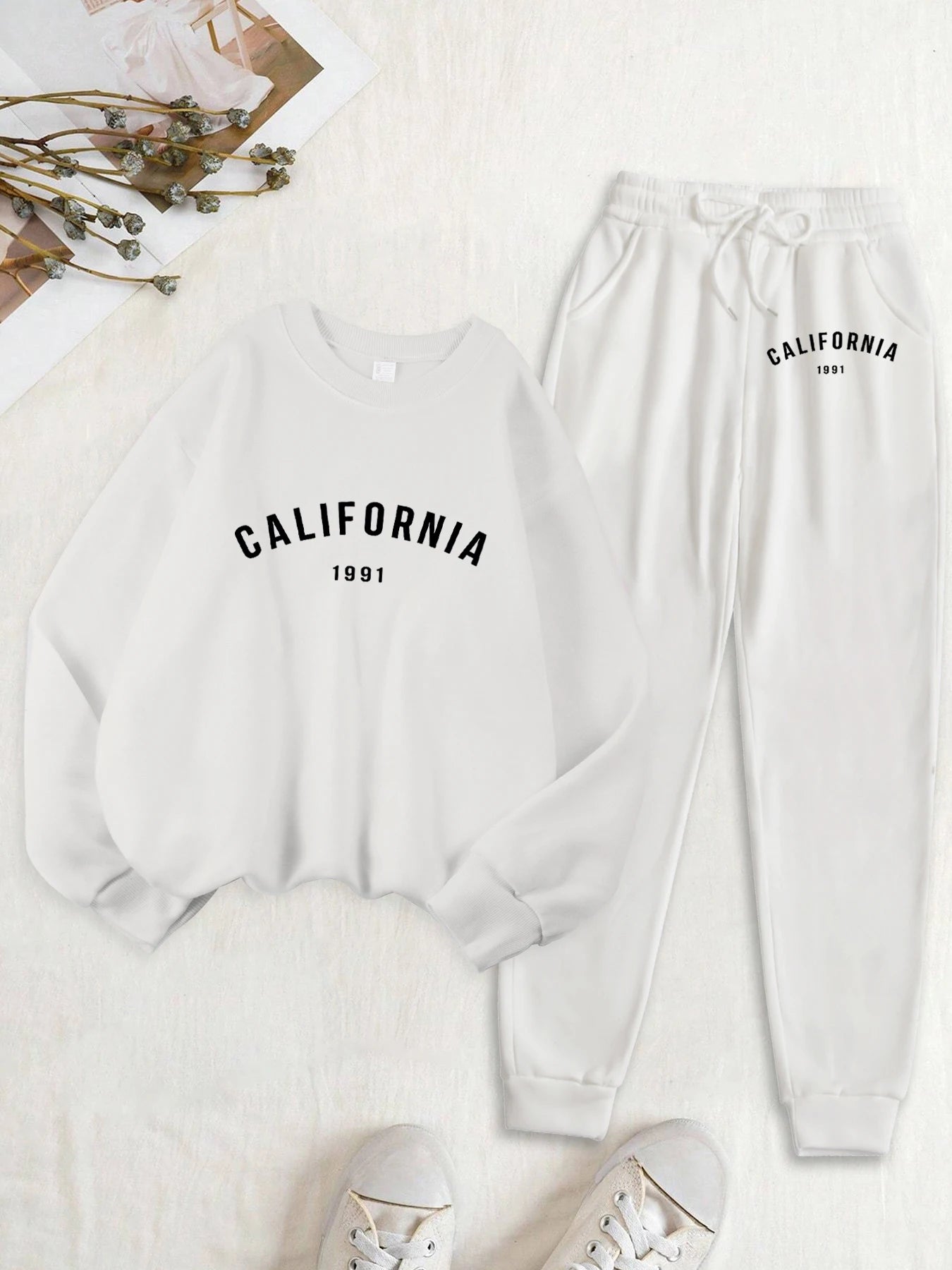 Califirnia Letter 1991 Print Women Soft Sweatshirt Set Street O-Neck Tracksuit Autumn All-Match Clothes Casual Fleece Sweatpant