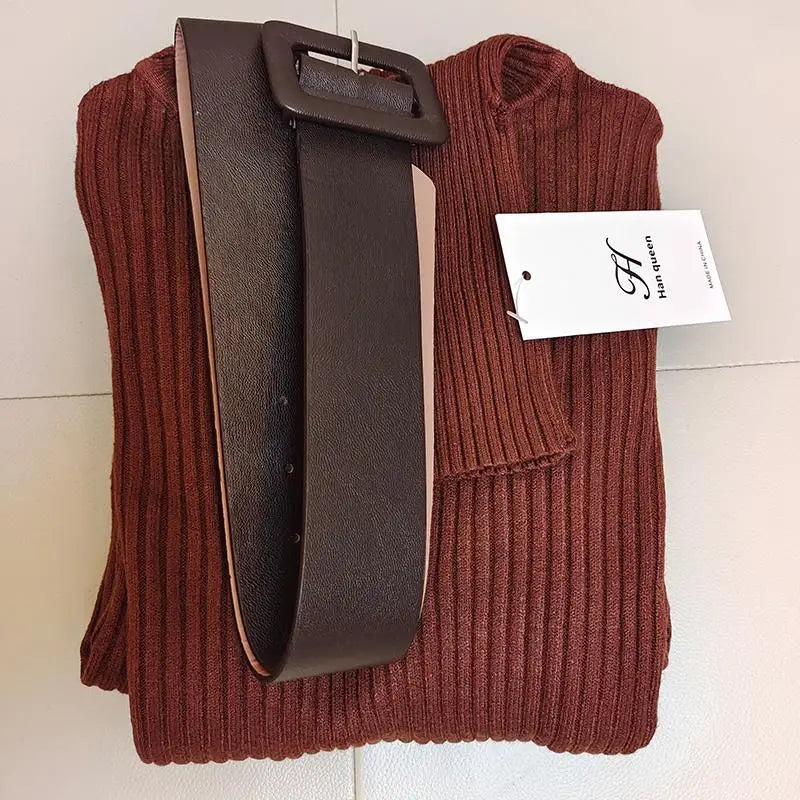 H Han Queen Knitted Bodycon Dress Bottoming Women Soft Elastic Turtleneck Sweater Autumn Winter Midi Party Dresses With Belt