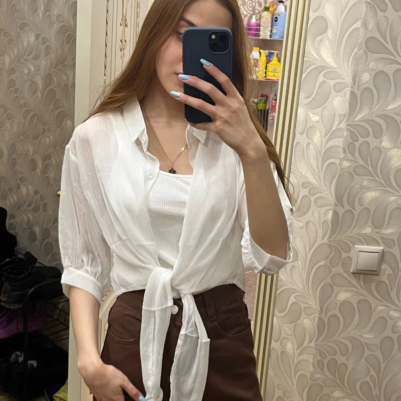 2025 Summer Half Sleeve Buttoned Up Shirt Loose Casual Blouse Chiffon Shirts Women Tied Waist Elegant Blouses for Women 9776