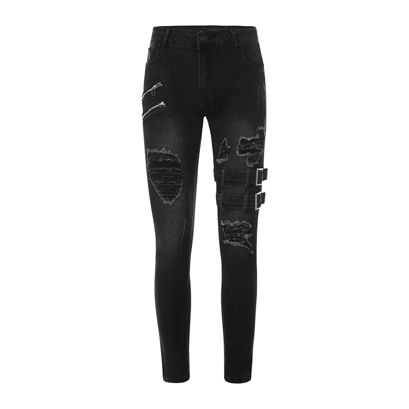 2025 New Men Slim Biker Ripped Long Denim Trousers Skinny Jeans Side Straps Zips Male Jogging Pants Destroyed Stretchy Pants