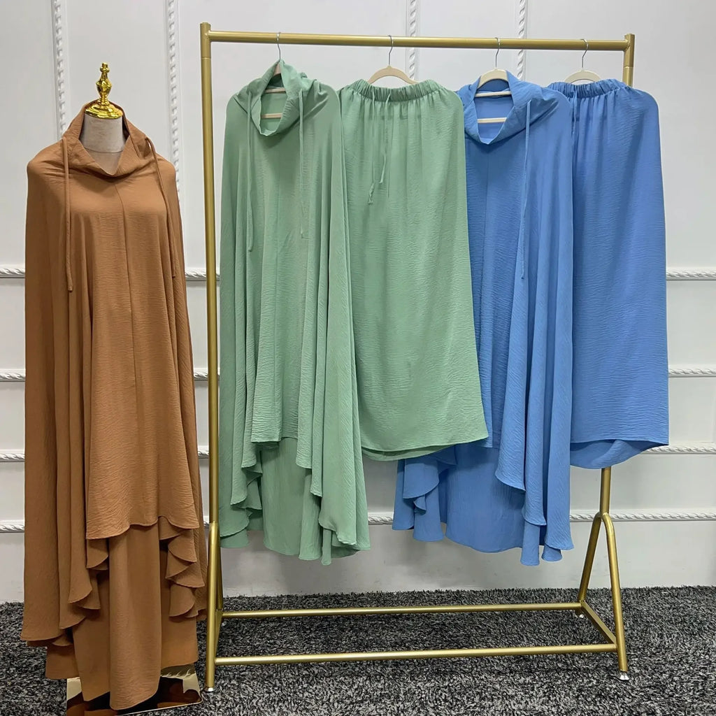 2PCS Muslim Women Modest Prayer Dress Eid Khimar Djellaba Abaya Overhead Burqa Robe Dubai Turkish Robe Kaftan Islamic Clothing