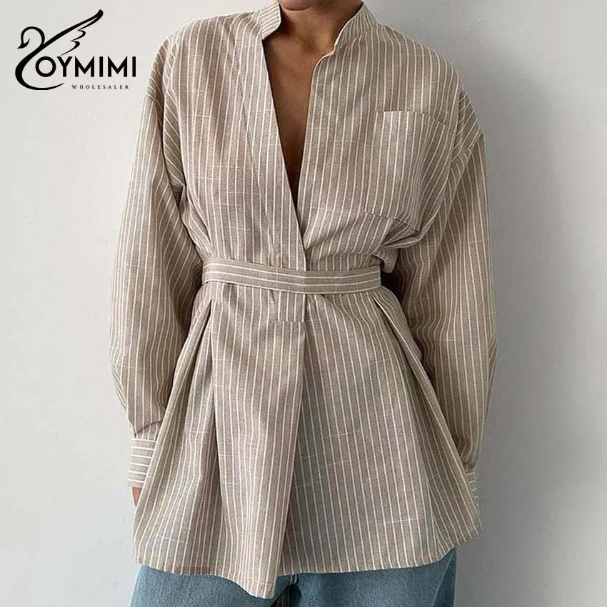 Oymimi Fashion Brown Striped Print Women Top Elegant Long Sleeve Pockets Lace-Up Blouses Spring Casual New Lapel Button Shirts