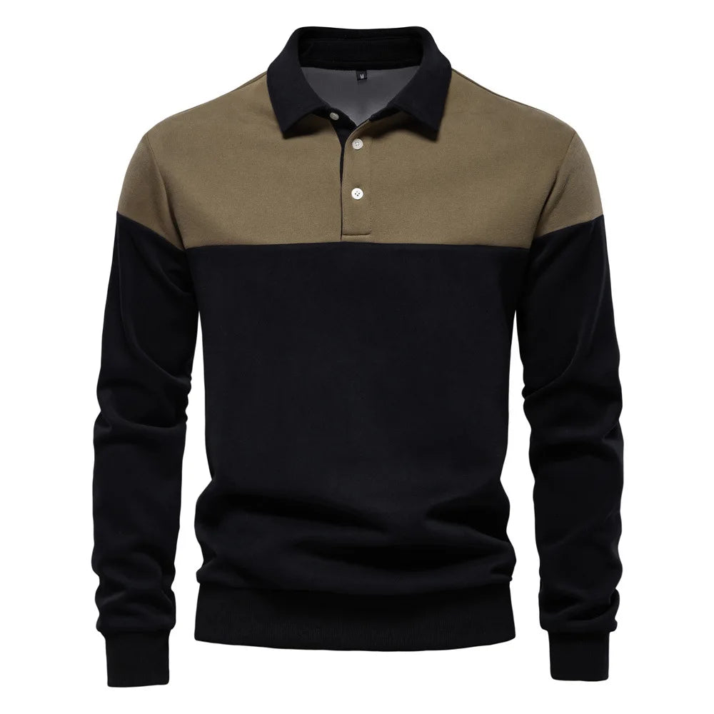 2025 New Arrival Long-Sleeve Polo-Collar Sweatshirt for Men, High-Quality Patchwork Casual Top