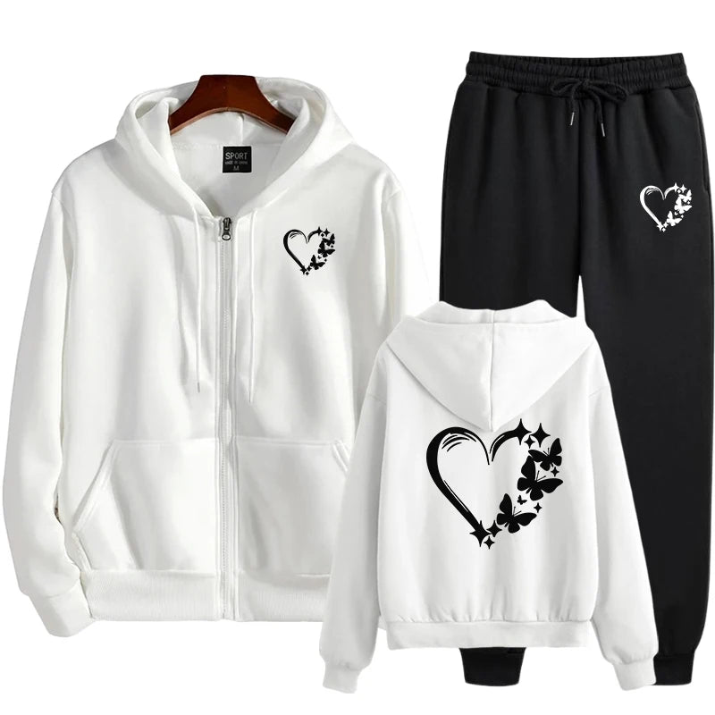 Fashion Womens Hoodies Coat Heart Printed Casual Zipper Jacket Jogging Sweatpants Daily Sports Clothing 2025 Quality Streetwear