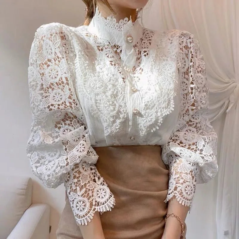 Vintage Solid White Lace Blouse Shirts Women New Korean Button Loose Shirt Tops Female Hollow Casual Ladies Blouses Blusas