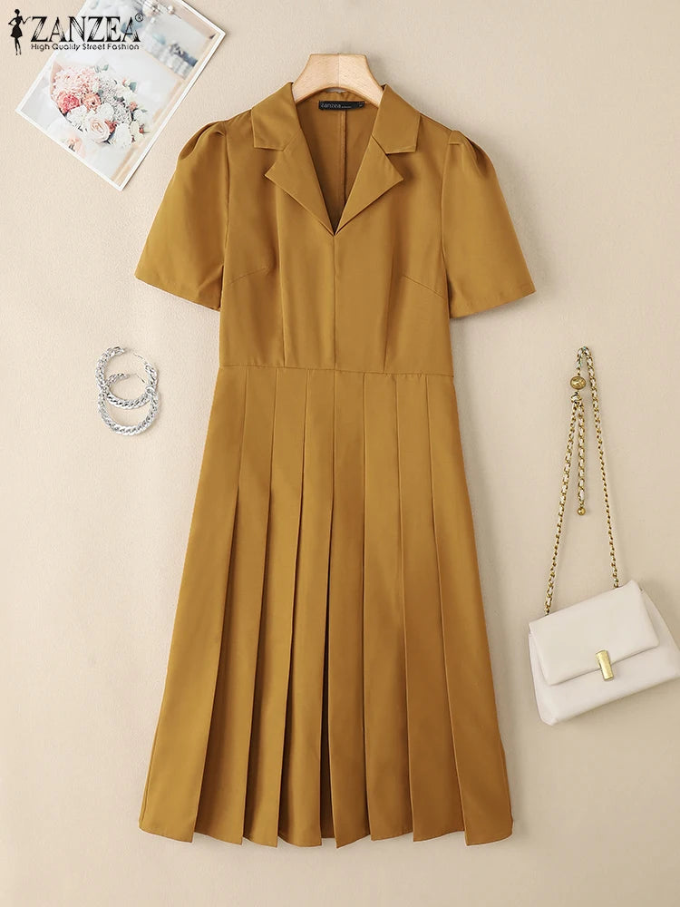 ZANZEA Elegant OL A-line Midi Dresses Women's Fashion High Waist Lapel Neck Pleated Robes Femme Short Puff Sleeve Solid Vestidos