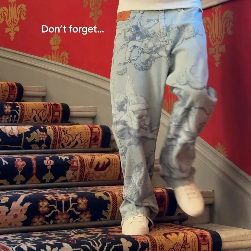 Y2k Retro Baggy Jeans Trendy Cupid Angel Pattern Men Women Pants American Hip Hop Streetwear Unisex Casual Straight Leg Jeans