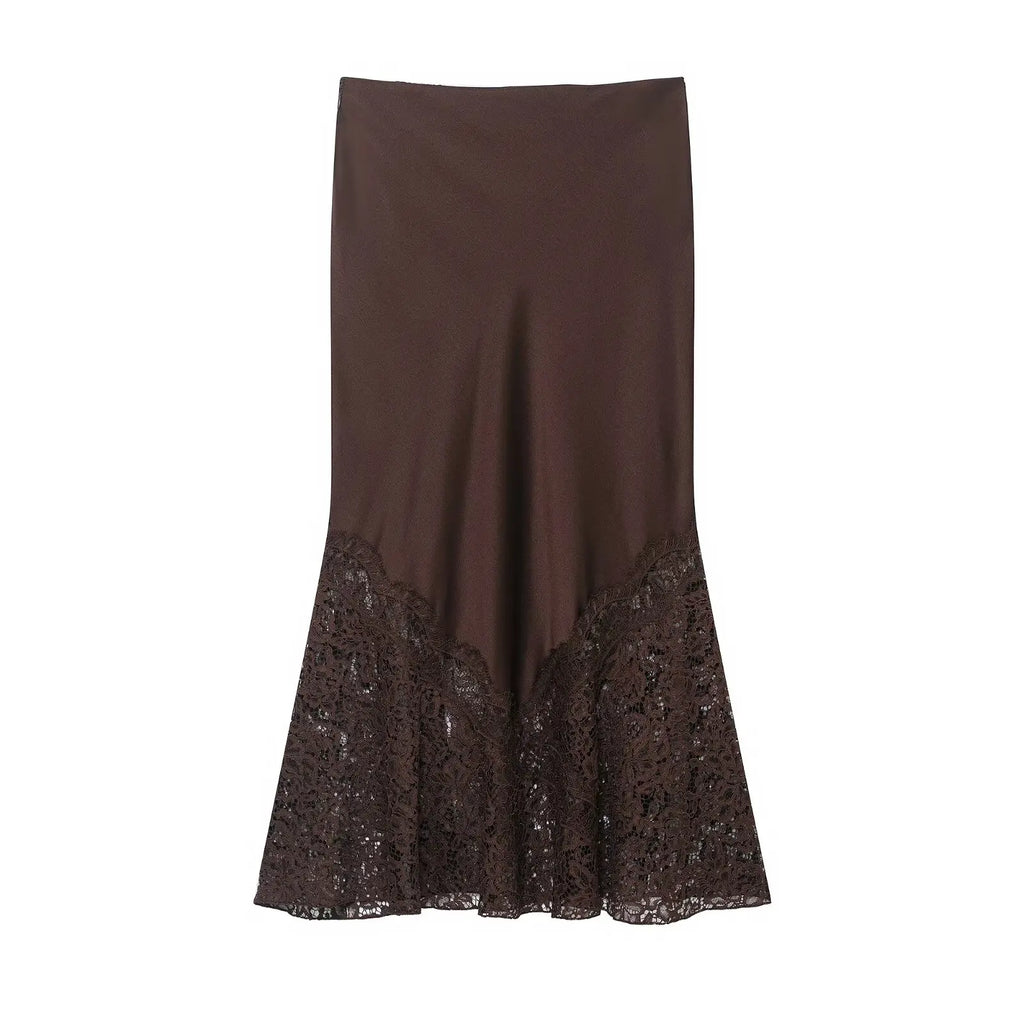 BSAY Lace Satin Elegant long Skirt Women Fashion Autumn Winter New brown Side Zip Chic Female High Waist Midi Skirts Mujer