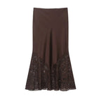 BSAY Lace Satin Elegant long Skirt Women Fashion Autumn Winter New brown Side Zip Chic Female High Waist Midi Skirts Mujer