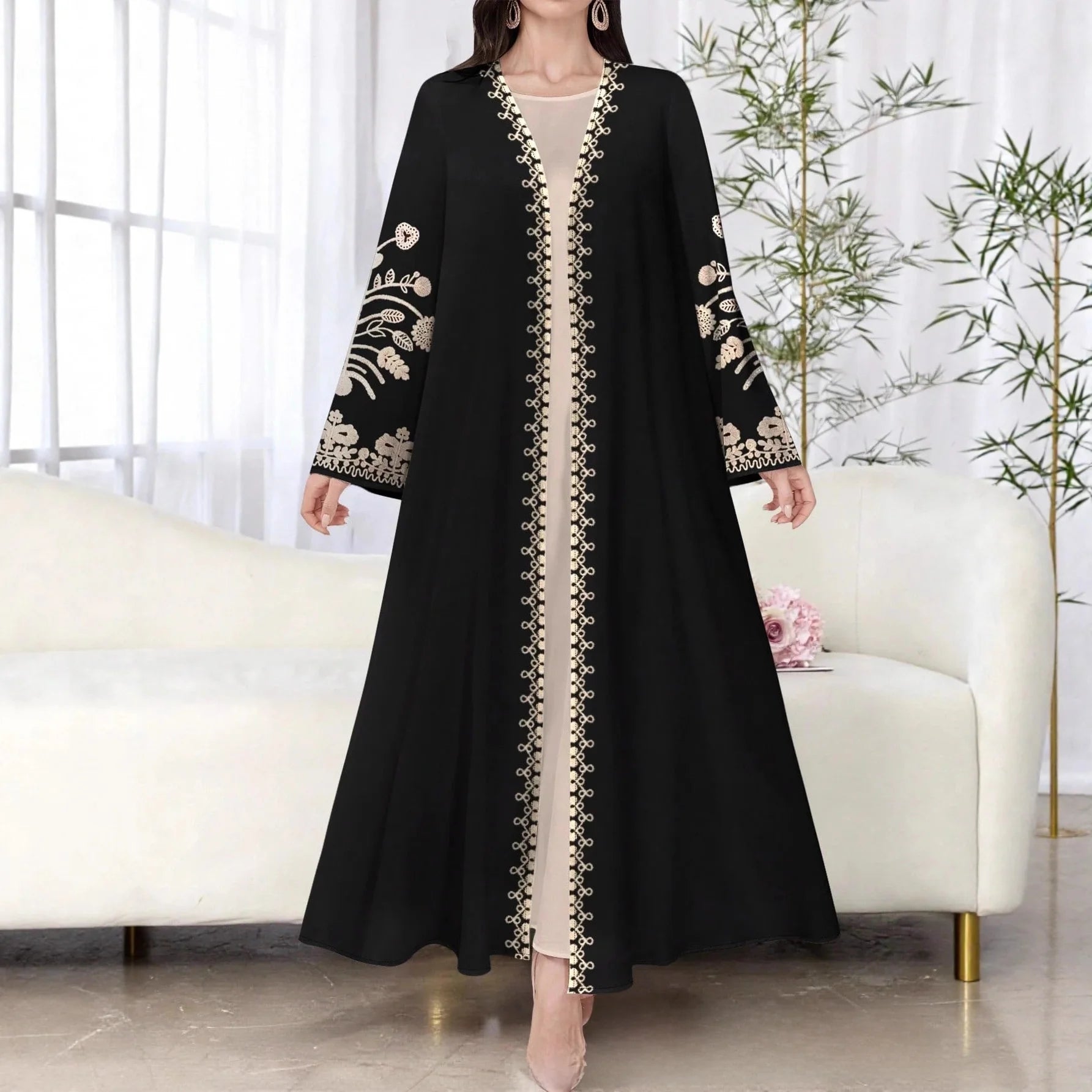 Muslim Women's Long Sleeve Printed Abaya Cardigan Elegant Fashion plus Size Outerwear Polyester Fabric Digital Printing