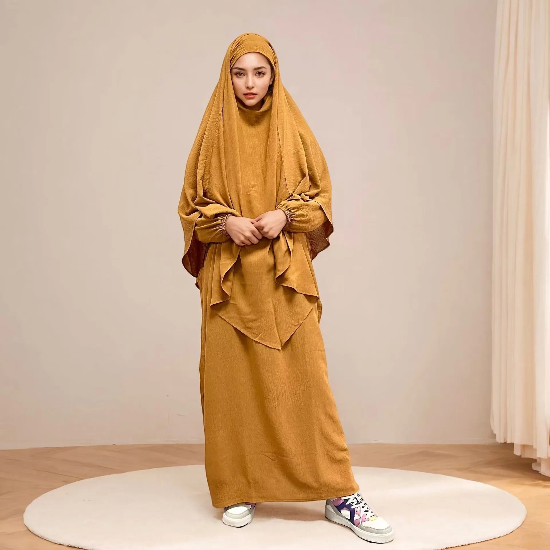 Ramadan Eid 2 Piece Set Crepe Muslim Women Prayer Garment Abaya Set Match Khimar Long Hijab Dress Islamic Clothing Niqab Kaftan