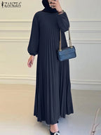 2025 ZANZEA Autumn Elegant Dresses Women O Neck Long Sleeve Sundress Muslim Dubai Abaya Robe Femme Solid Pleated Maxi Vestidos