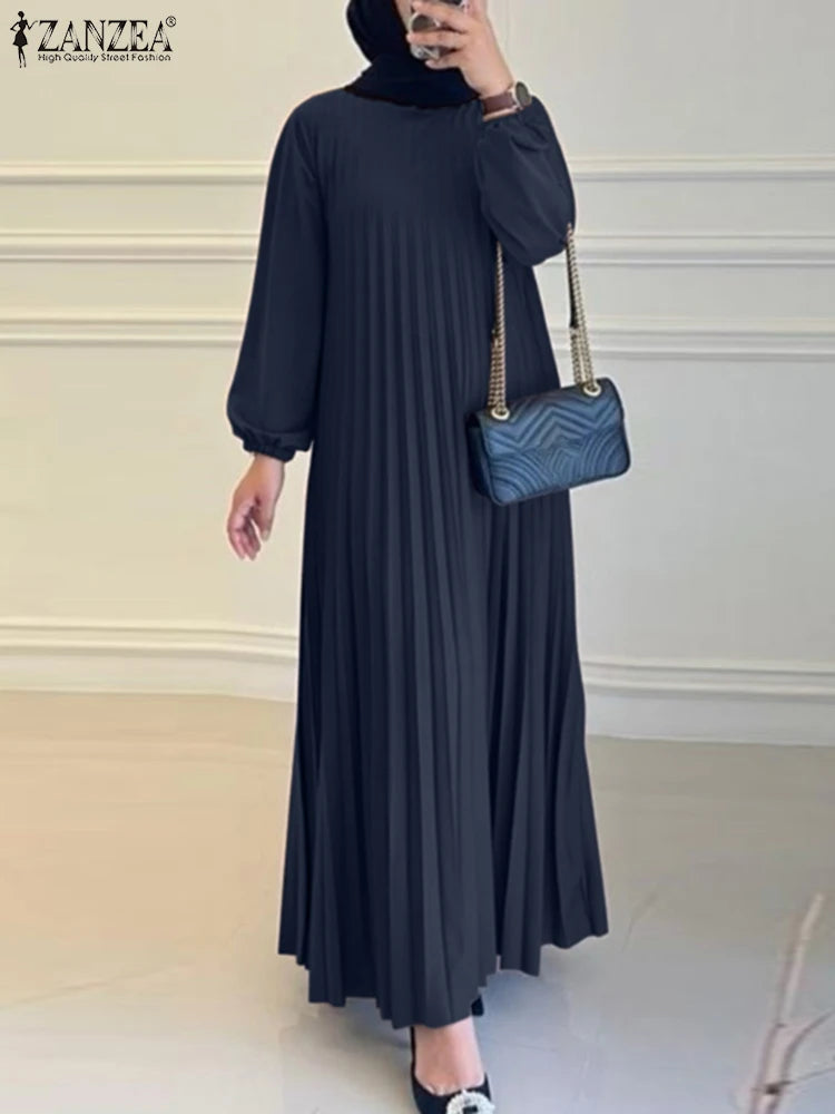 2025 ZANZEA Autumn Elegant Dresses Women O Neck Long Sleeve Sundress Muslim Dubai Abaya Robe Femme Solid Pleated Maxi Vestidos