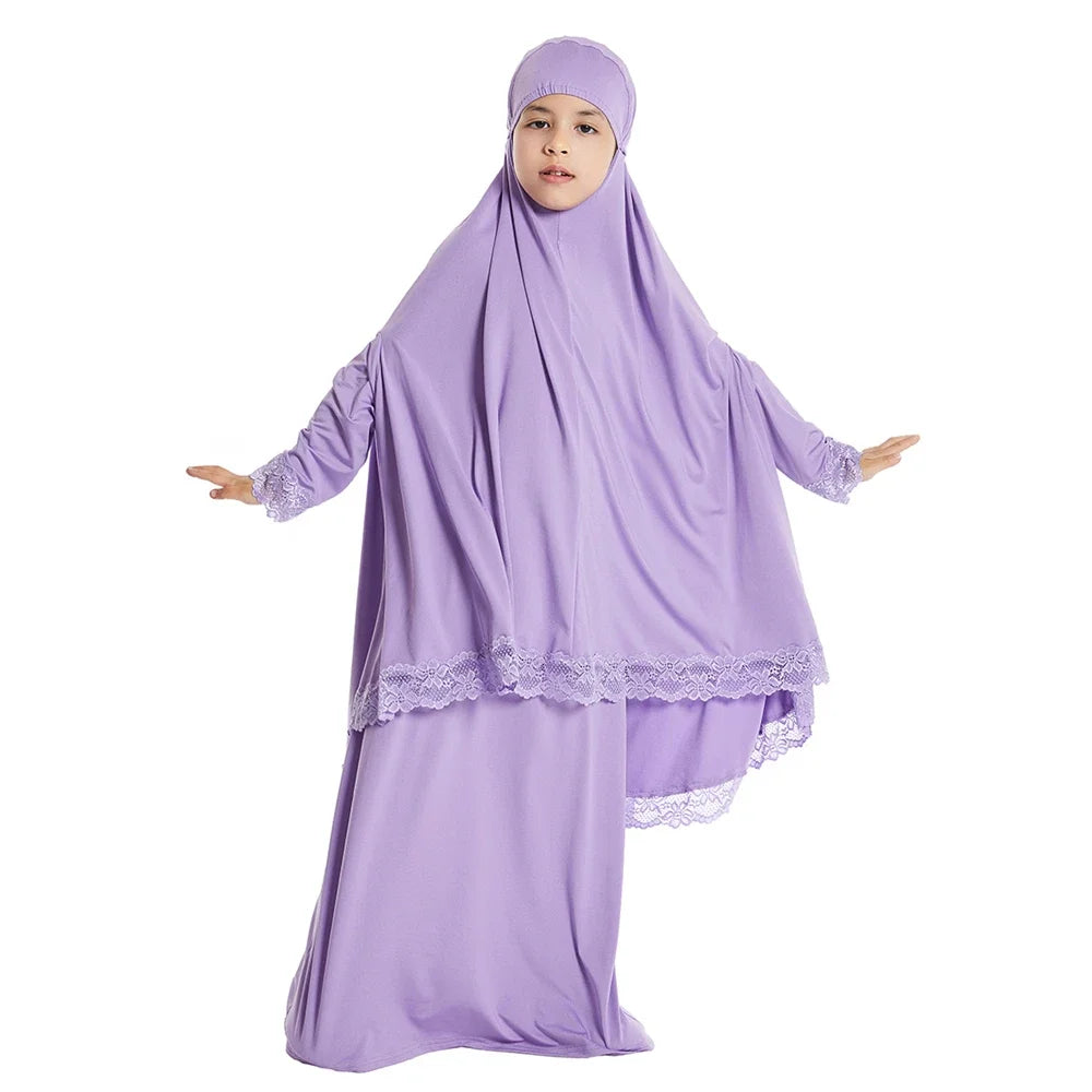 Muslim Kids Girls Hijab Dress Eid Djellaba Khimar Jalabiya Ramadan Skirt Set Prayer Garment Islam Burqa Abaya Robe Kaftan Hooded