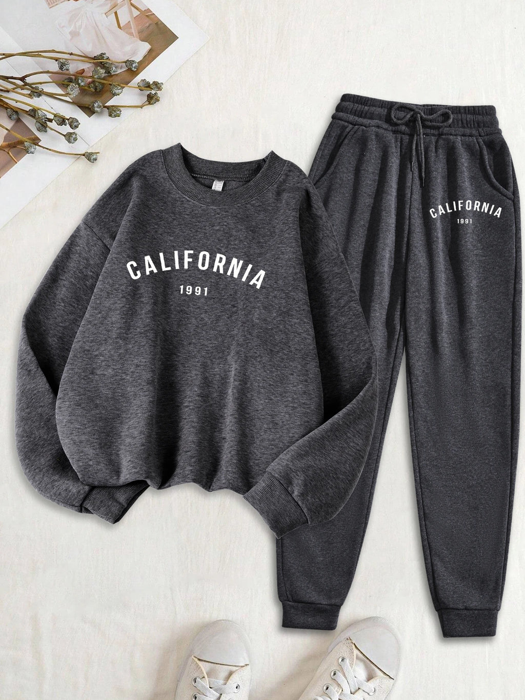 Califirnia Letter 1991 Print Women Soft Sweatshirt Set Street O-Neck Tracksuit Autumn All-Match Clothes Casual Fleece Sweatpant